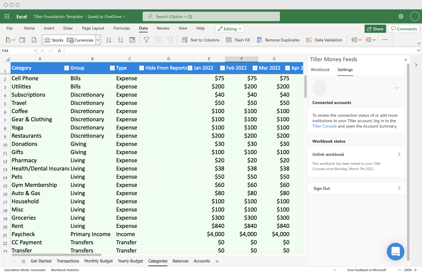 Tiller Foundation Template 2022 Microsoft Excel Categories Simple Browser